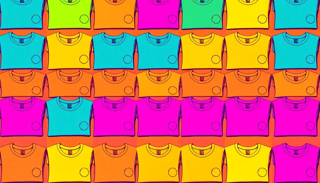 A brightly colored, high-contrast silkscreen print of a single, iconic folded t-shirt repeated in a tight grid pattern, conceptually representing the file-folding method for keeping dresser drawers organized.