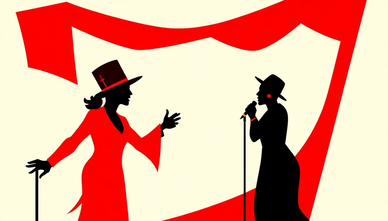 An abstract, minimalist illustration featuring bold, jagged geometric shapes in high-contrast red and black, conceptually representing the socially conscious themes of a cabaret performance.