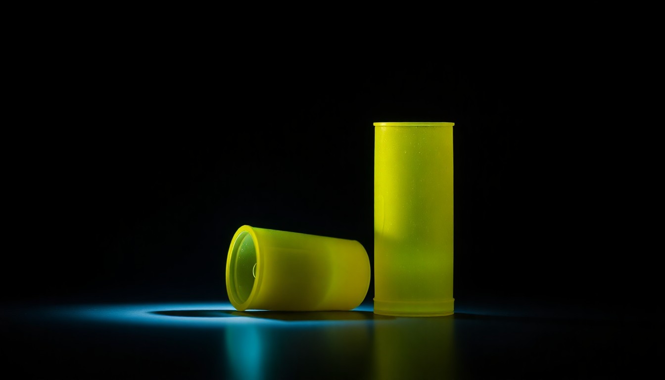 An extreme close-up photograph of a single water gun shell casing on a dark background, lit by a harsh, direct camera flash, conceptually representing the deadly escalation of a teen water gun fight.