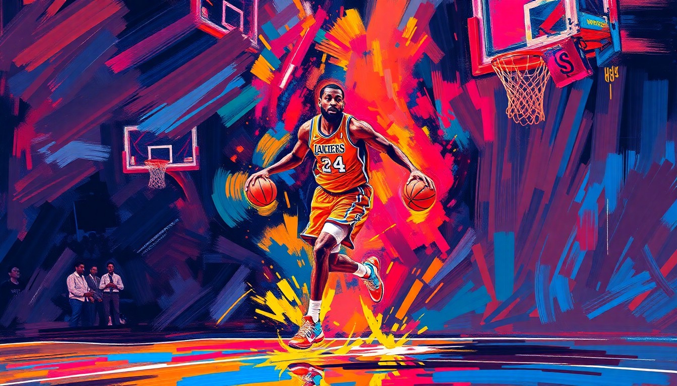An abstract, energetic painting featuring bold, neon-colored brushstrokes that capture the dynamic movement and intensity of a basketball player on the court, conceptually representing Caitlin Clark's comeback and the Fever's aspirations for the upcoming season.