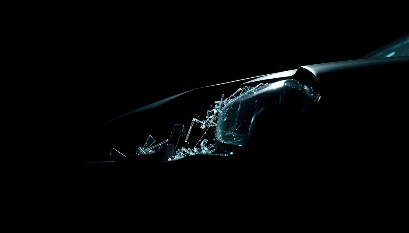 An extreme close-up photograph of a car's twisted metal and shattered glass, conceptually illustrating the aftermath of a high-speed police chase.
