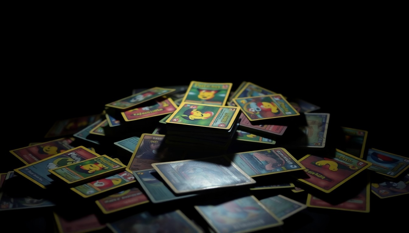 An extreme close-up photograph of a pile of Pokémon and football trading cards, capturing the textural details and dramatic lighting to conceptually illustrate the theft of collectible items from a local store.