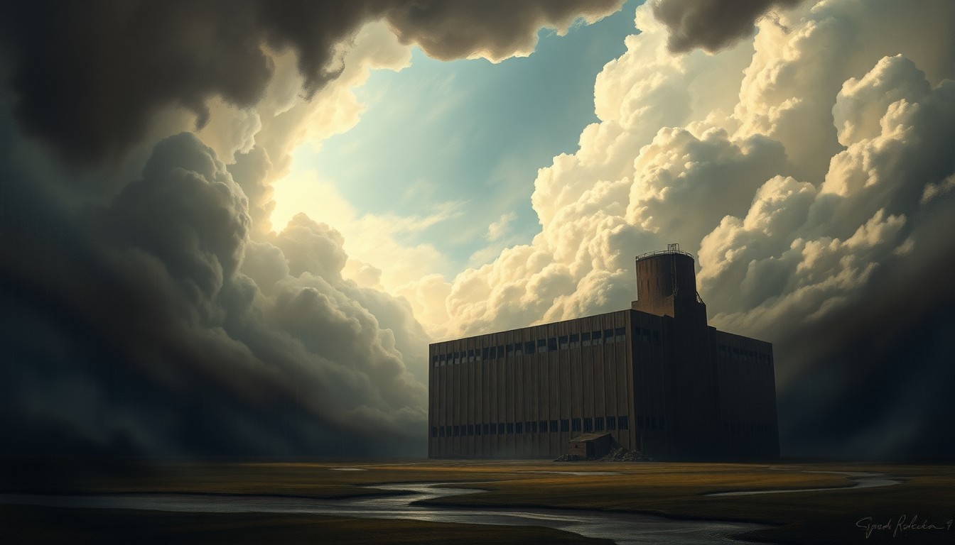 A vast, atmospheric landscape painting depicting a partially damaged industrial building dwarfed by a massive, turbulent storm system, conveying the overwhelming power of nature.