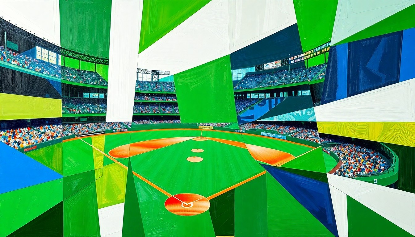 A cubist, geometric painting depicting a baseball game broken down into overlapping planes of bright colors, capturing the dynamic energy and tension of the Stetson Hatters' comeback win.