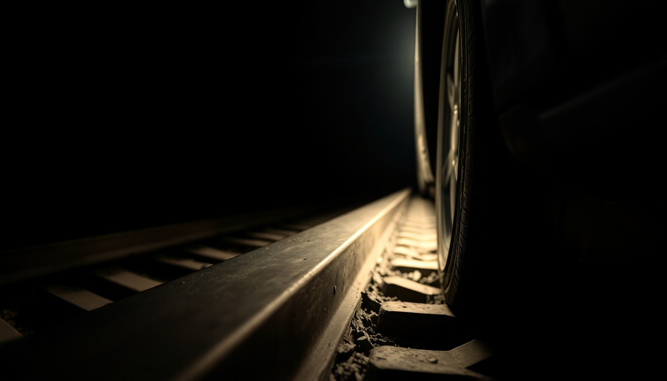 An extreme close-up photograph of a car tire on train tracks, the sole focus of the image with a harsh, direct flash illuminating the textured rubber against a pitch-black background, conceptually illustrating the disruption caused by a vehicle blocking access to a major transit hub.