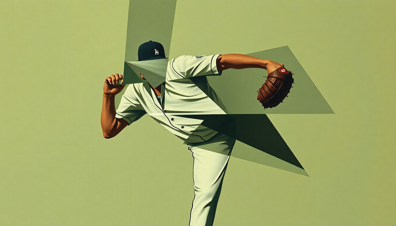 A fragmented, cubist-style painting depicting a baseball pitcher's throwing motion, with sharp geometric shapes and planes in muted earth tones, conveying the raw power and energy of the game.