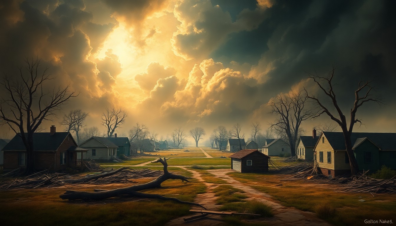 A sweeping, atmospheric landscape painting depicting a tornado-damaged neighborhood in Belton, Kansas, with damaged homes and fallen trees dwarfed by the overwhelming power of the storm.