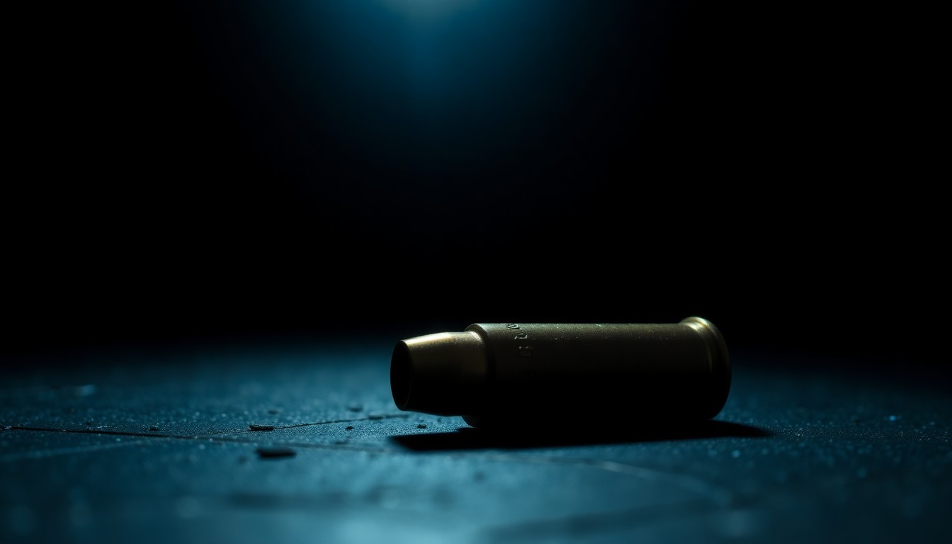 An extreme close-up photograph of a single spent bullet casing on a dark, textured surface, conceptually illustrating the aftermath of a shooting incident.