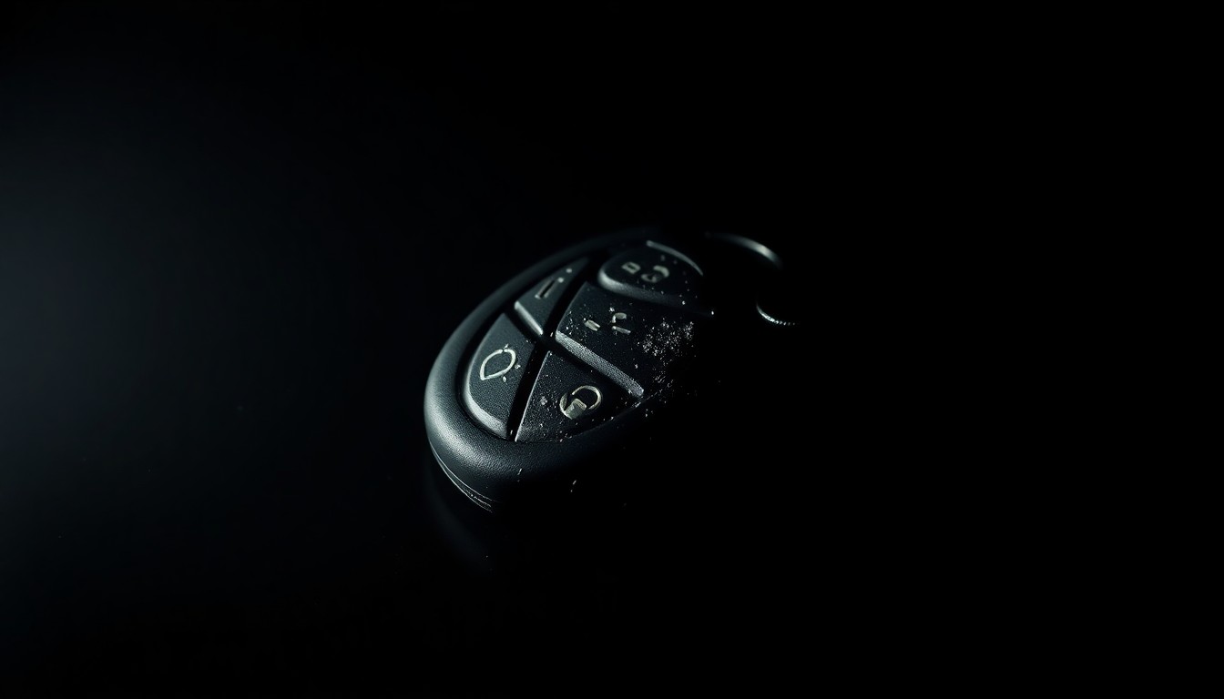 An extreme close-up photograph of a scratched and worn car key fob against a pitch-black background, lit by a harsh, direct camera flash, conceptually representing the aftermath of a violent crime.