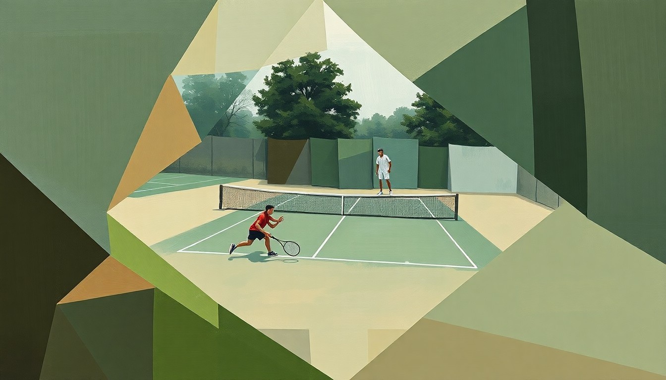 A fragmented, geometric painting depicting a high school tennis match, with overlapping planes of muted green, brown, and grey tones conveying the one-sided nature of the contest.