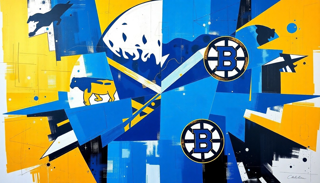 A cubist, geometric painting depicting a hockey game between the Buffalo Sabres and Boston Bruins, with the players and action broken down into sharp, overlapping planes of vibrant blue, gold, and black colors.