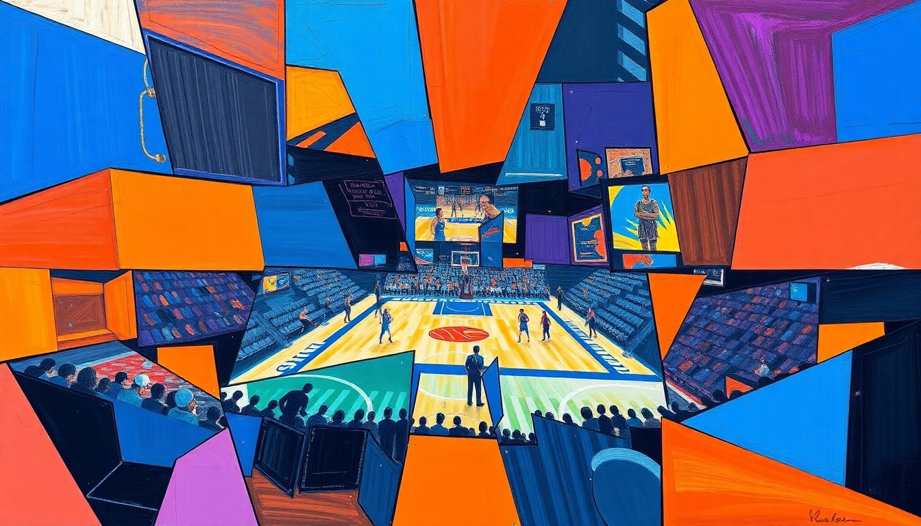 A cubist, geometric painting depicting fragmented, overlapping basketball players and court elements in a vibrant color palette, conceptually representing the clash of personalities and playing styles on the Atlanta Dream roster.
