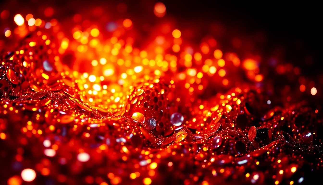 An extreme close-up photograph of shimmering sequins and glittering glass, capturing the glamour and luxury of the entertainment industry in high-contrast, dramatic lighting.