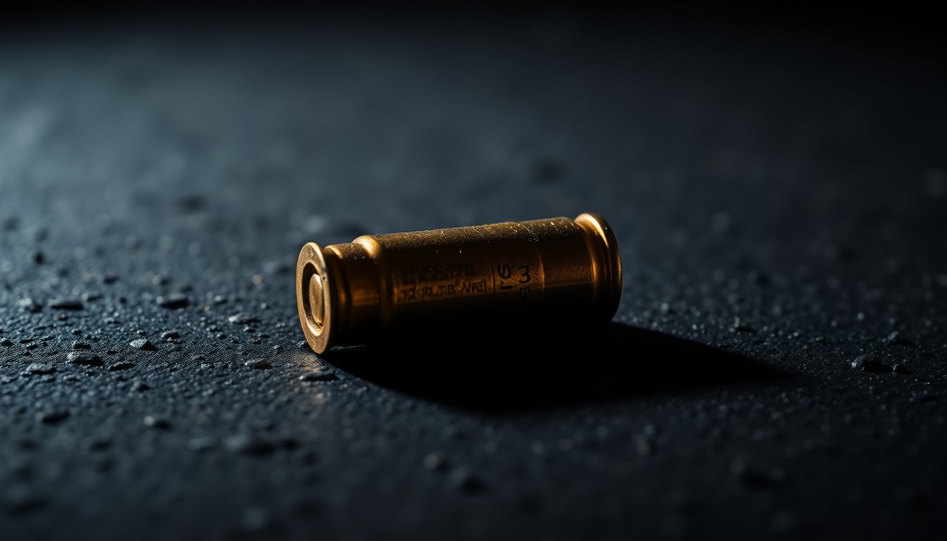 An extreme close-up photograph of a single spent bullet casing on a dark, textured surface, lit by a harsh, direct camera flash, conceptually illustrating the aftermath of a deadly shooting incident.