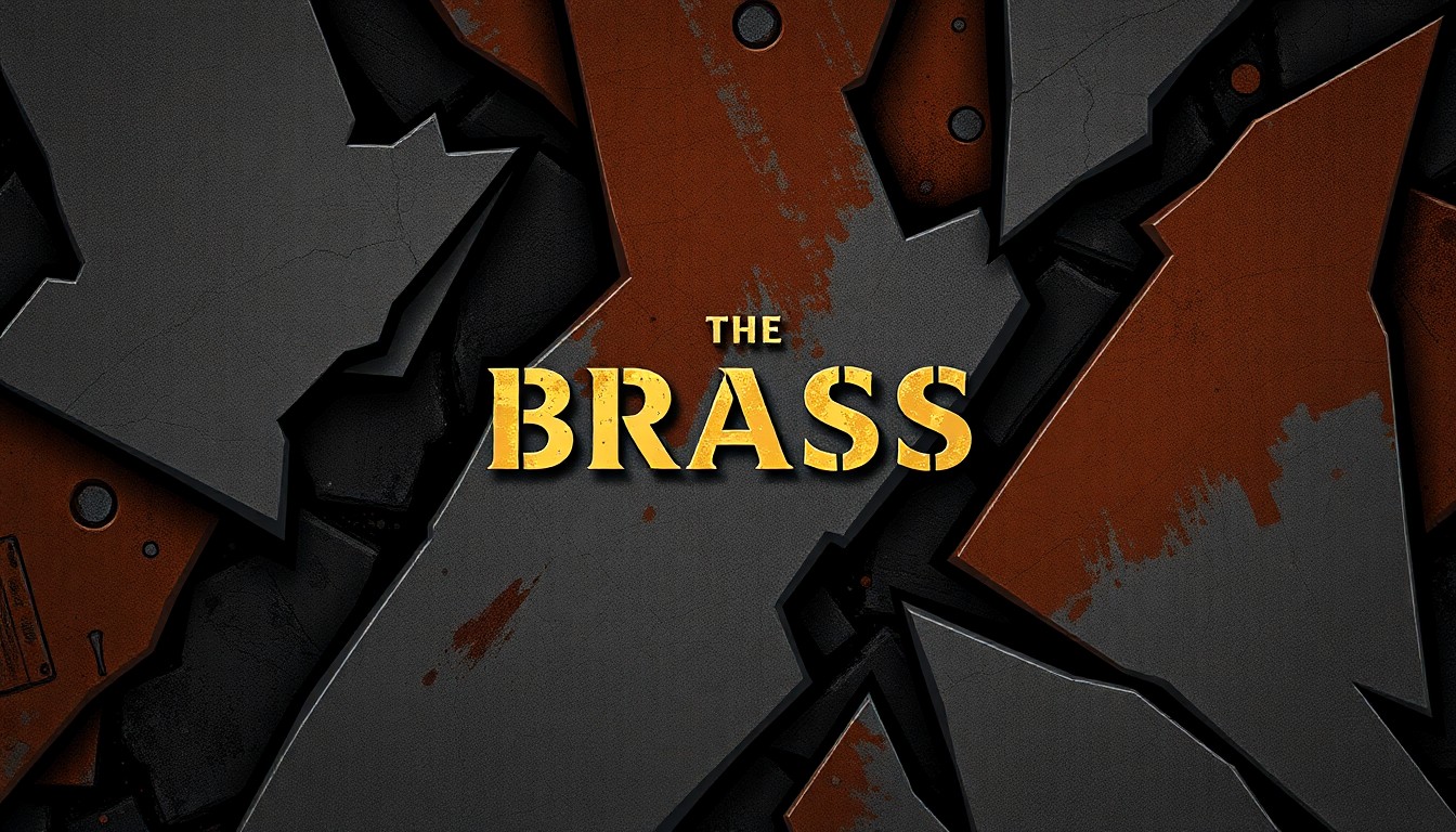 An abstract, minimalist illustration featuring sharp, angular shapes in dark, metallic tones, capturing the strategic essence of the Brass board game franchise.