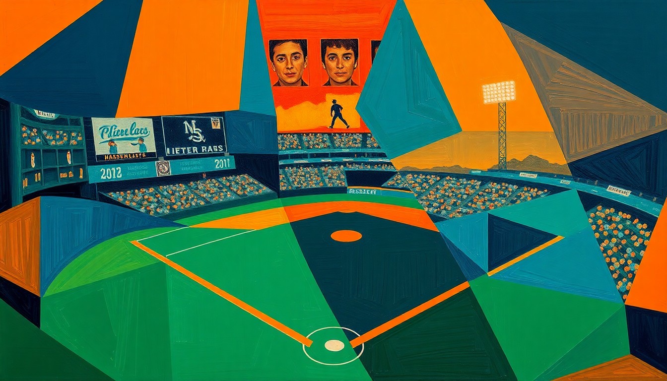A fragmented, geometric painting in shades of blue, green, and orange, depicting the dynamic action and tension of a baseball game through Picasso's unique cubist lens.