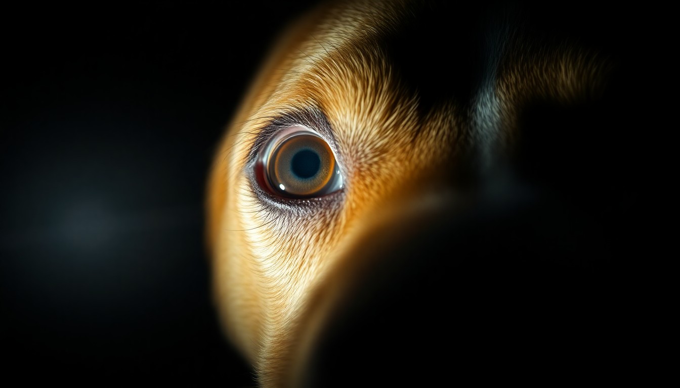 An extreme close-up photograph of a single beagle's eye, the pupil dilated and the iris ringed with light, creating a stark, gritty, and investigative aesthetic.