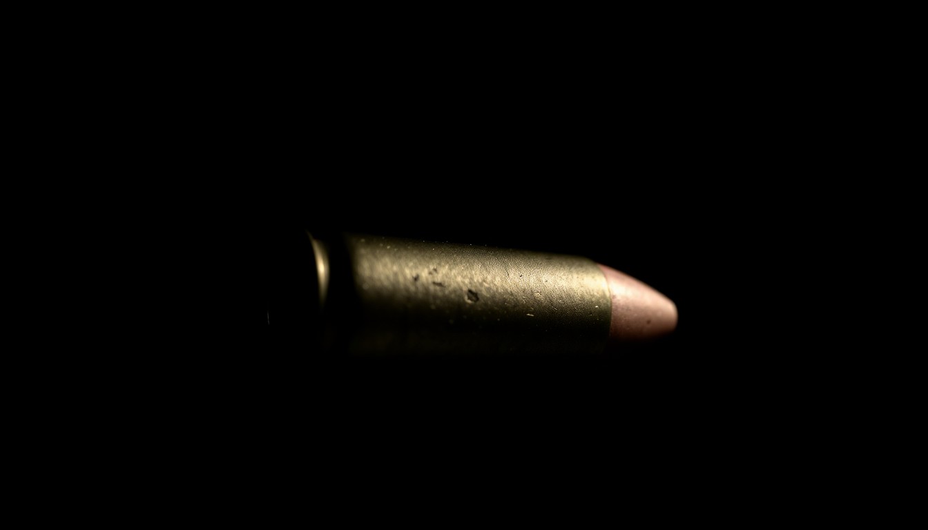 An extreme close-up photograph of a spent bullet casing, its metallic surface and dramatic shadows creating a stark, gritty visual that conceptually represents the investigation into a 2021 homicide in Albuquerque.