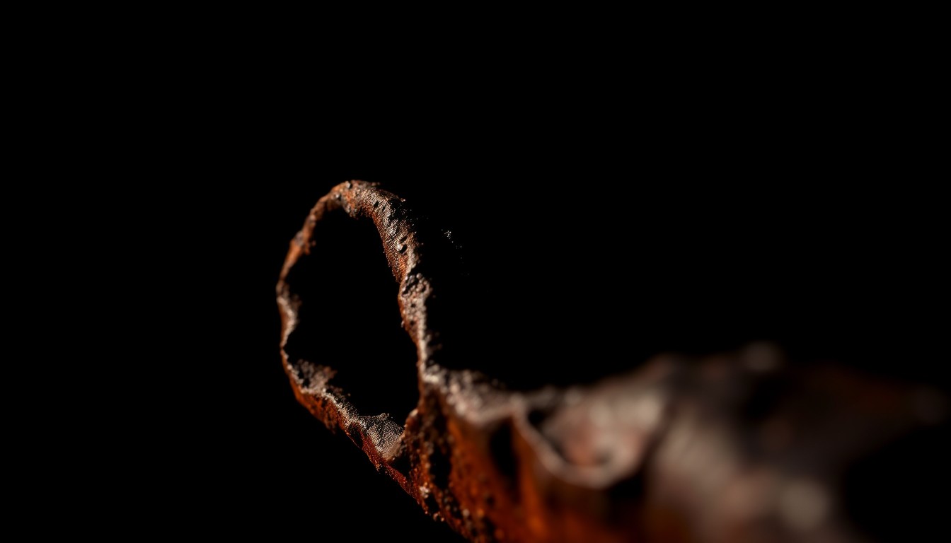 An extreme close-up of a charred, twisted metal object from the fire scene, capturing the stark, gritty aftermath of the deadly blaze through dramatic lighting and texture.