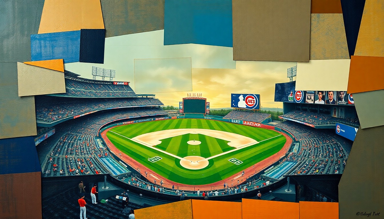 A fragmented, geometric painting depicting a baseball game between the Mets and Cubs, with sharp planes of color and overlapping perspectives conveying the tension and frustration of the Mets' prolonged slump.