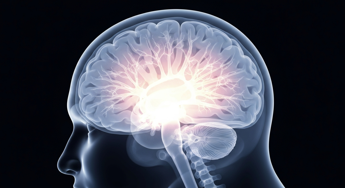 A ghostly X-ray image of a human brain, its intricate neural networks glowing against a dark background, conveying the complex relationship between social isolation and cognitive function.