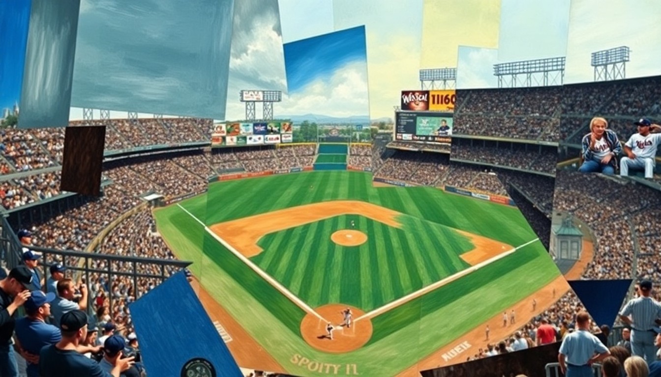 A cubist, geometric painting breaking down a baseball game into sharp, overlapping planes of color and shape, representing the ups and downs of the Twins' young season.