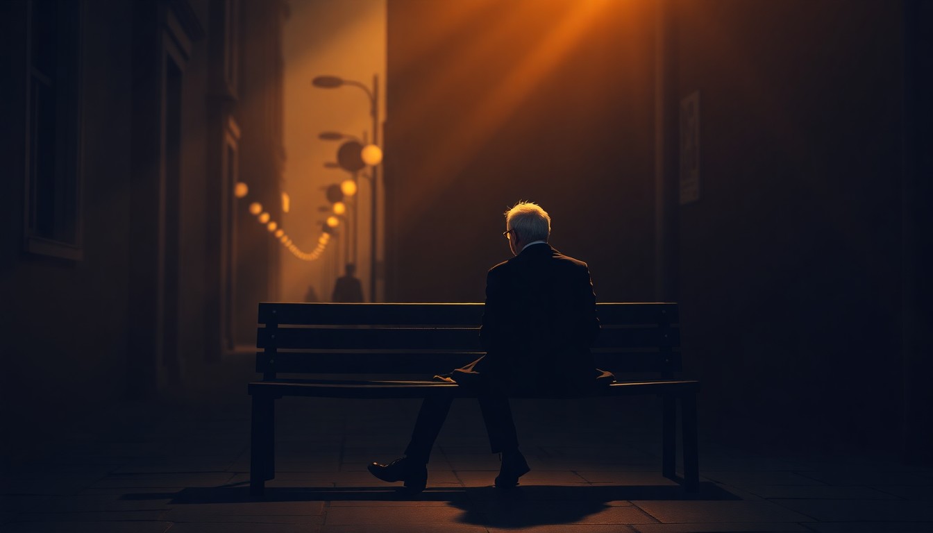 A cinematic painting of an elderly Jewish man sitting alone on a bench in a dimly lit urban setting, the warm sunlight and deep shadows creating a melancholic, nostalgic mood that reflects the weight of the Holocaust's history.