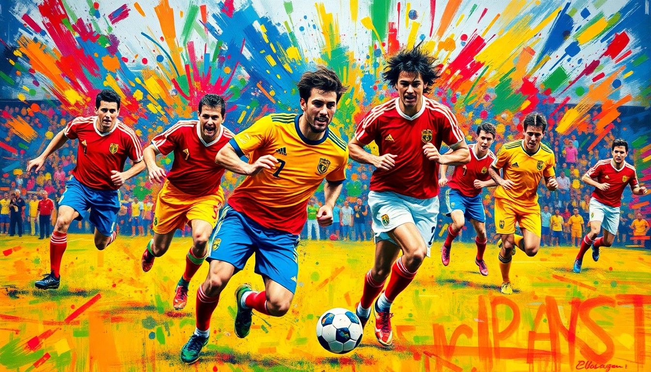 An abstract expressionist painting in vibrant neon colors, with rapid brushstrokes capturing the dynamic movement and energy of soccer players on a field, their faces and uniforms dissolved into unrecognizable splatters of color.