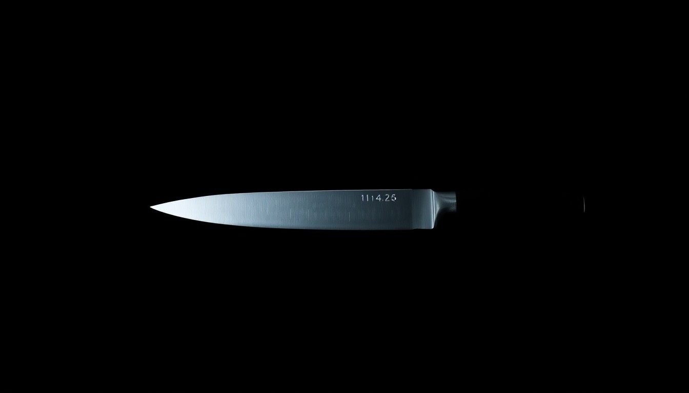 An extreme close-up photograph of a single knife blade against a pitch-black background, lit by a harsh, direct camera flash, conceptually representing the violent nature of the 2024 stabbing incident in Laredo.