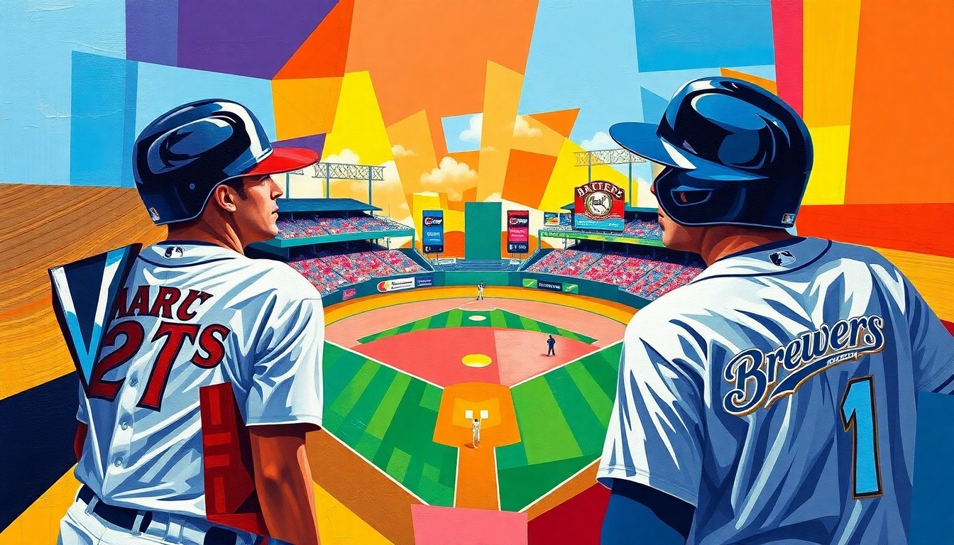 A fractured, geometric painting in vibrant colors representing a baseball game, with sharp, overlapping shapes and planes that deconstruct the action on the field into an abstract, cubist composition.