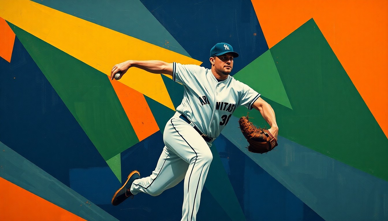 A cubist, geometric illustration depicting a baseball pitcher's motion broken down into overlapping planes of navy blue, forest green, and burnt orange, conveying the dynamism and intensity of the game.