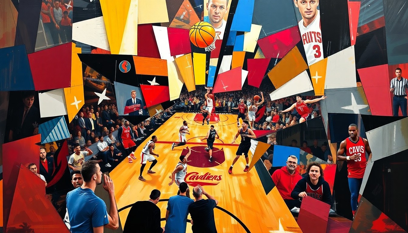 A fractured, geometric painting depicting the dynamic action of a basketball game, with sharp, overlapping planes of color and form representing the competitive energy of the playoff matchup.
