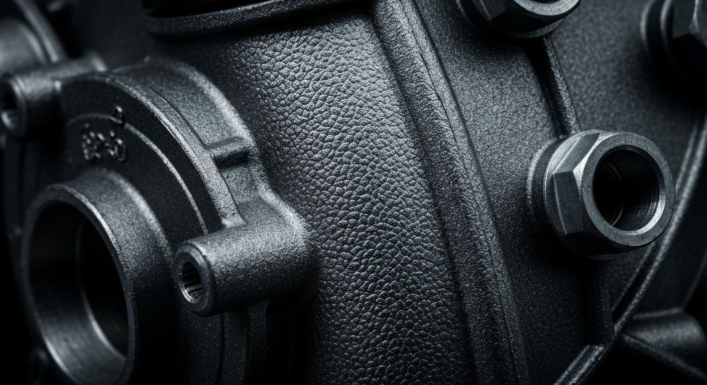 An extreme close-up of the textured surface of a Mercedes C-Class PSE pump, capturing the raw materials and intricate details in a dramatic, high-contrast lighting that emphasizes the pump's mechanical complexity.