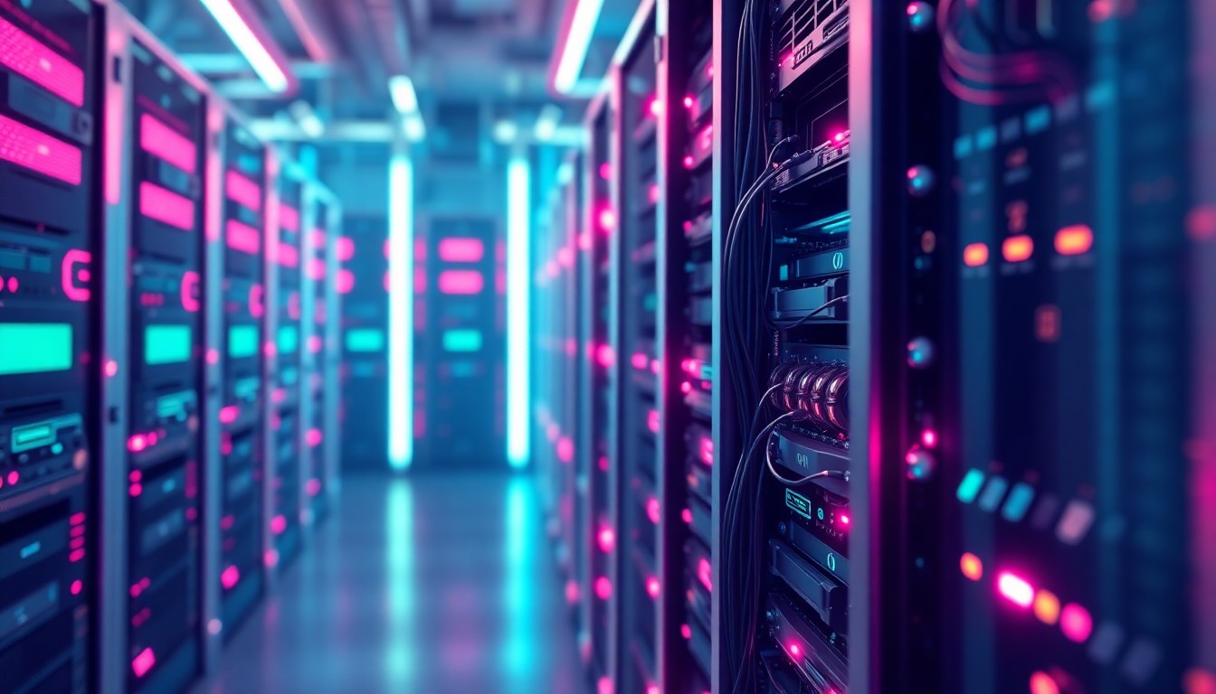 A highly detailed, glowing 3D illustration of a futuristic AI server rack, with neon cyan and magenta lights illuminating the intricate hardware components, conceptually representing the complex digital infrastructure powering OpenAI's language models and AI research.