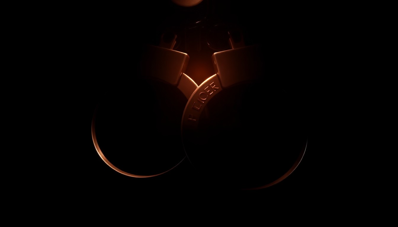 An extreme close-up photograph of a police officer's badge or handcuffs against a pitch-black background, lit by a harsh, direct camera flash, conceptually illustrating the confrontational nature of the arrest.