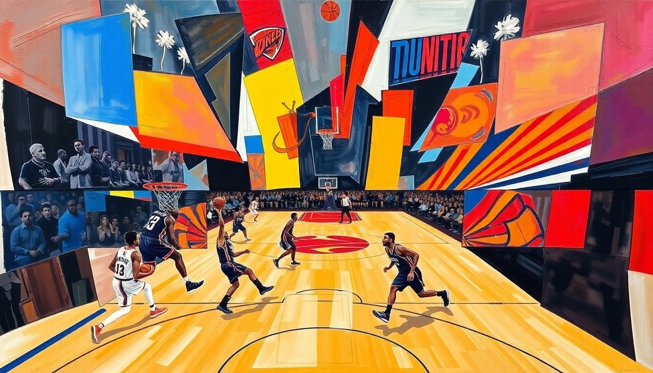 A vibrant, cubist-style painting depicting the dynamic movements and energy of a basketball game between the Oklahoma City Thunder and Phoenix Suns, with the players and court rendered in a fractured, geometric style.