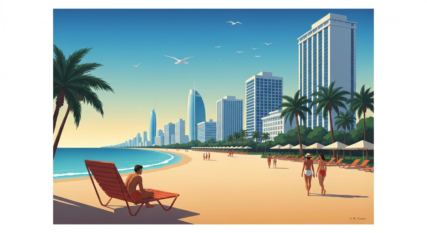 A sweeping, geometric illustration depicting the grand scale and architectural elegance of Daytona Beach's beachfront cityscape, capturing the vibrant energy and allure of this coastal destination.