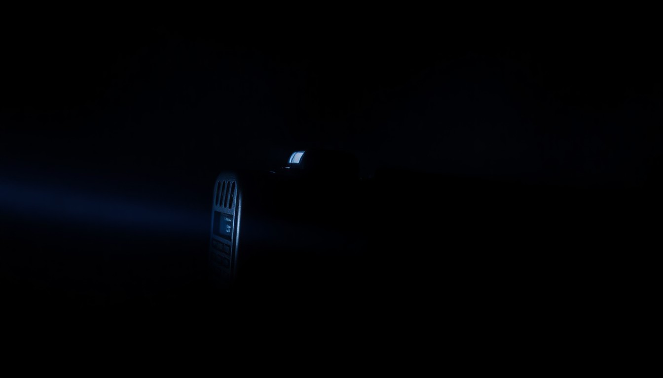 An extreme close-up photograph of a police radio or other law enforcement equipment lit by a harsh, direct camera flash against a pitch-black background, conceptually representing the gritty, investigative work of crisis negotiators.