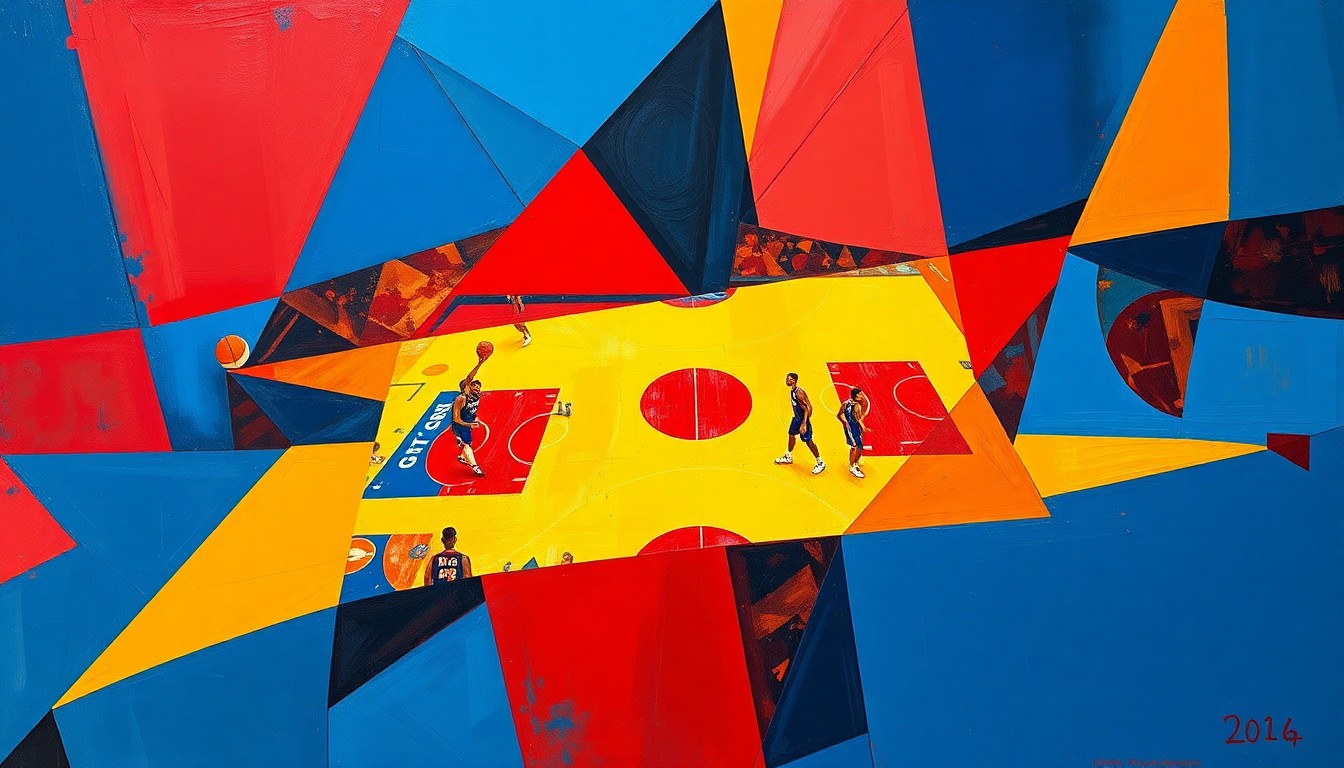 A fractured, multi-perspective painting in a cubist style, breaking down a basketball game into sharp, overlapping geometric planes in shades of red, blue, and yellow, conceptually representing the dynamic energy and competitive spirit of the Detroit Pistons' playoff run.