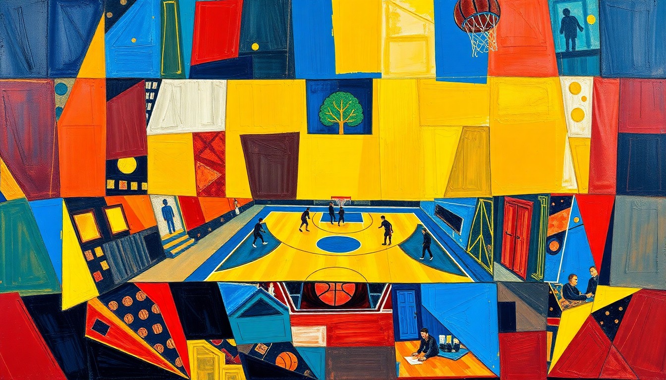 A fragmented, geometric painting depicting a basketball game or match, with sharp planes of color and overlapping perspectives, conceptually representing the Kings' need to find a new point guard to stabilize their roster.