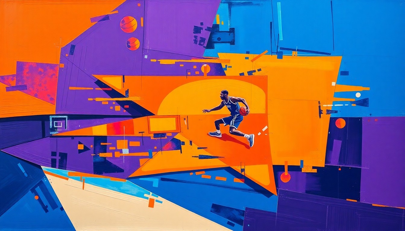 A dynamic, cubist-style illustration depicting the chaotic energy of a fast-break basketball play, with players and the ball fragmented into geometric shapes and planes of bold, contrasting colors.