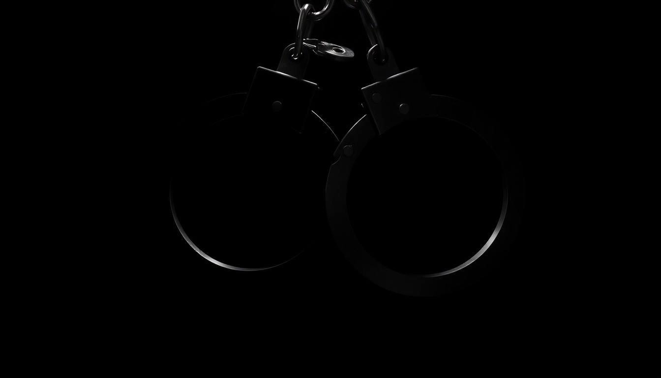 An extreme close-up photograph of a pair of handcuffs against a stark, black background, capturing the dramatic and investigative nature of the crime.