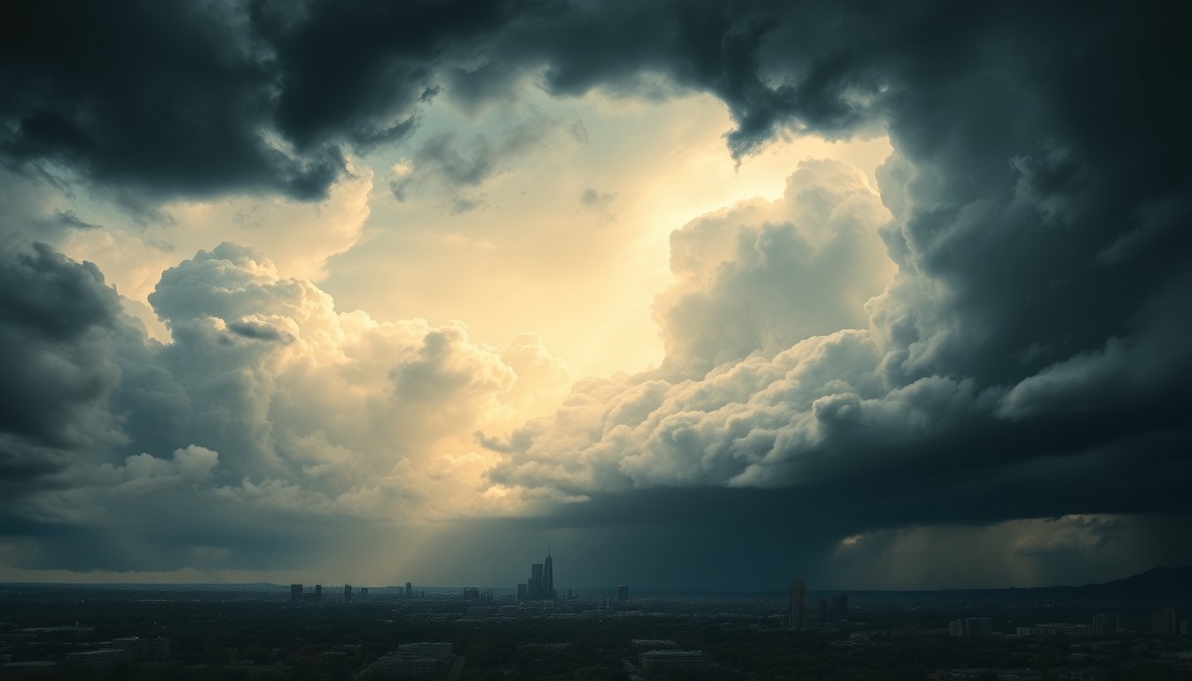 A sweeping, atmospheric landscape painting depicting dark, ominous storm clouds looming over the San Antonio skyline, conveying the overwhelming scale and power of the approaching weather system.