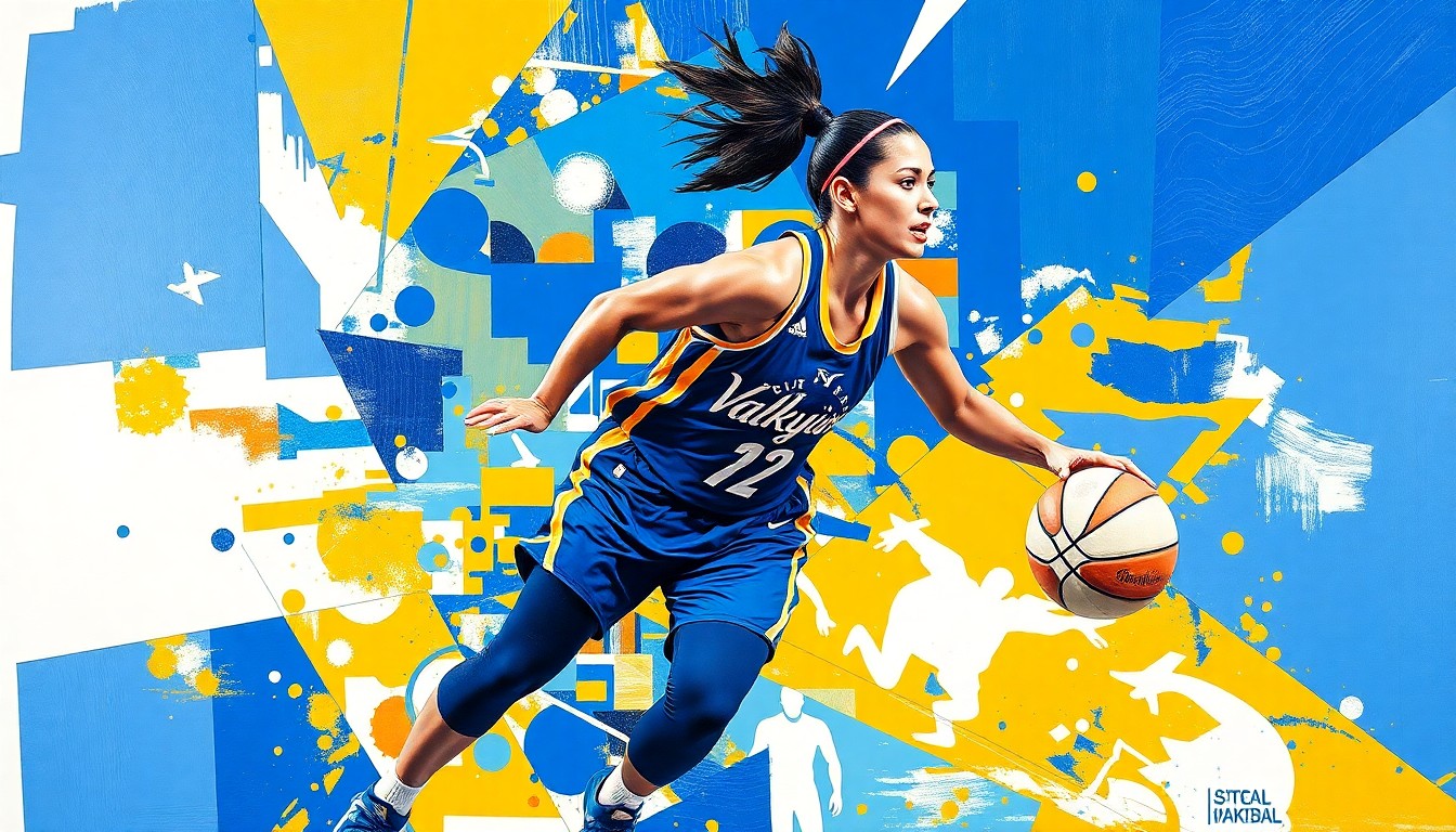 A cubist-style painting depicting a WNBA player in motion, with sharp geometric shapes and planes in the Valkyries' team colors of royal blue, gold, and white, conveying the energy and dynamism of the player's return to the court.