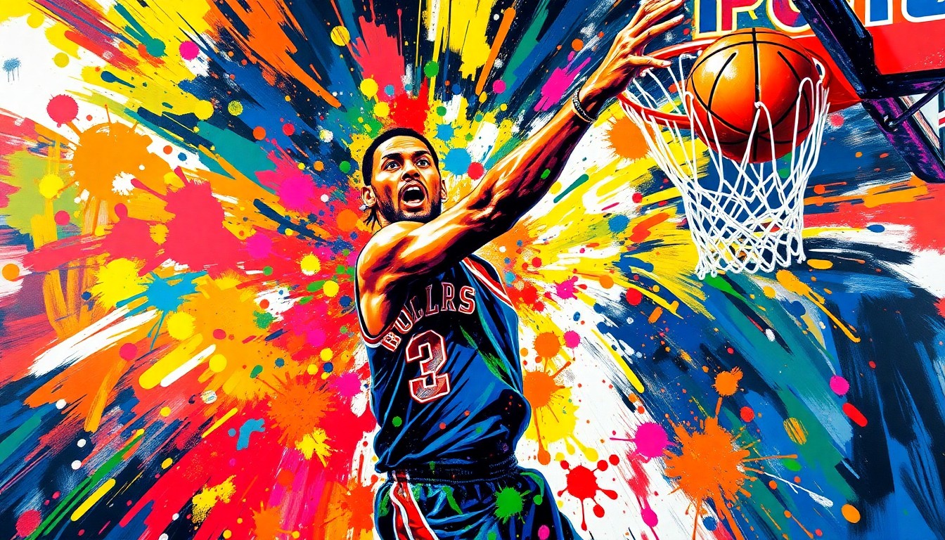An extreme close-up of a basketball player driving to the hoop, with vibrant neon colors and rapid expressionist brushstrokes capturing the raw athletic motion and energy, the player's face and jersey details dissolving into unrecognizable splatters.