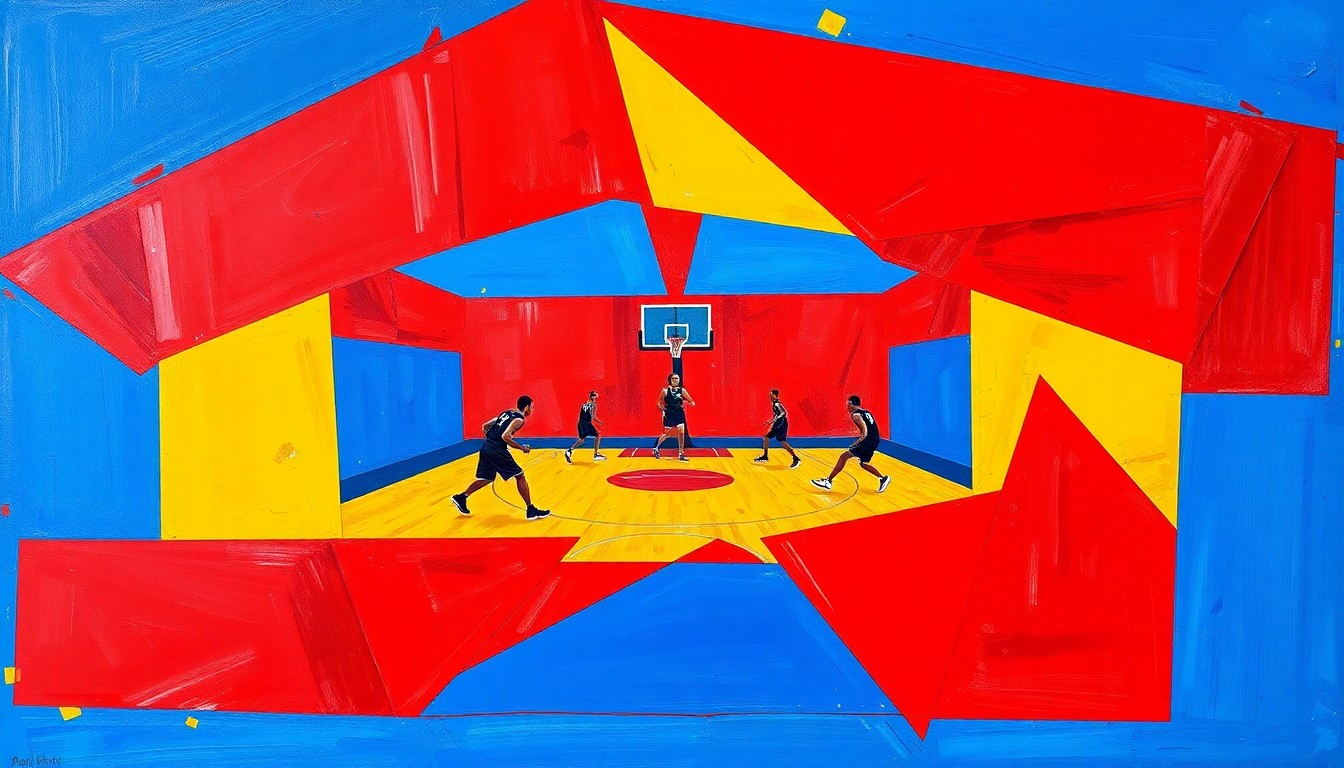 A fragmented, abstract painting depicting a WNBA basketball game or practice, with the players and court broken down into sharp, overlapping geometric shapes in a vibrant color palette, conveying the energy and dynamism of the sport.