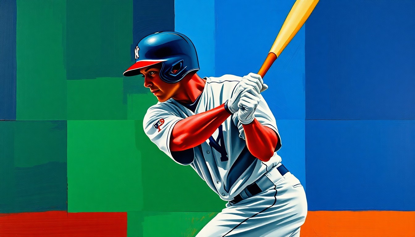 A fragmented, geometric painting depicting a baseball player's batting stance or swing, with sharp, overlapping planes of navy blue, forest green, and crimson red, conveying the raw power and athleticism of the sport.