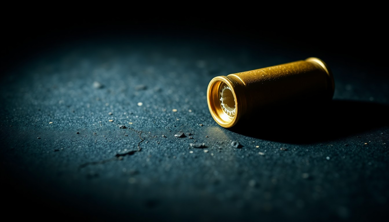 An extreme close-up photograph of a single spent shell casing on a dark, textured surface, lit by a harsh, direct camera flash, conceptually representing the aftermath of a violent crime incident.