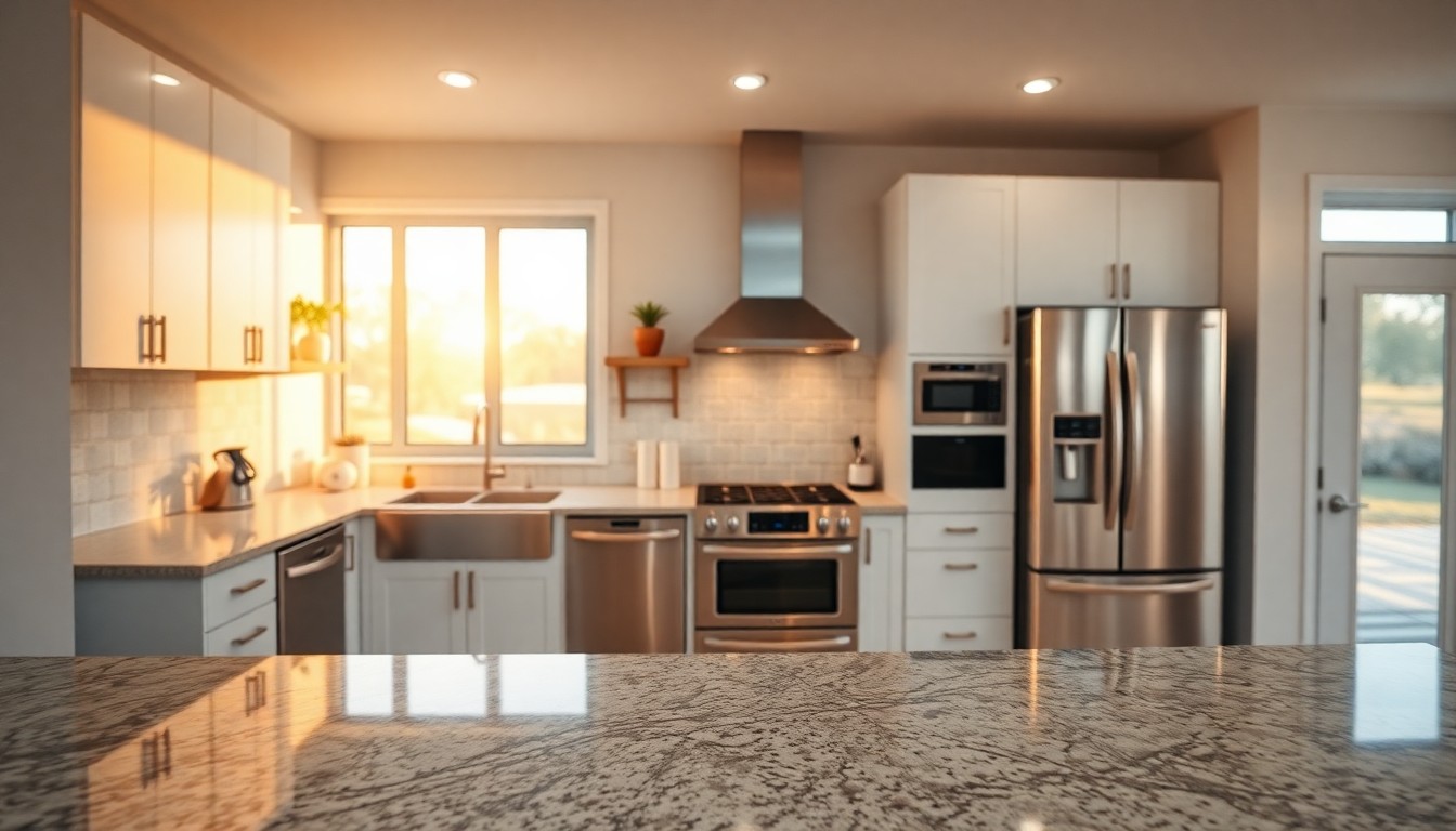An extremely abstracted, out-of-focus photograph of a modern kitchen with warm, soft pools of light reflecting off stainless steel appliances and granite countertops, conceptually representing the luxurious and inviting atmosphere of the home.