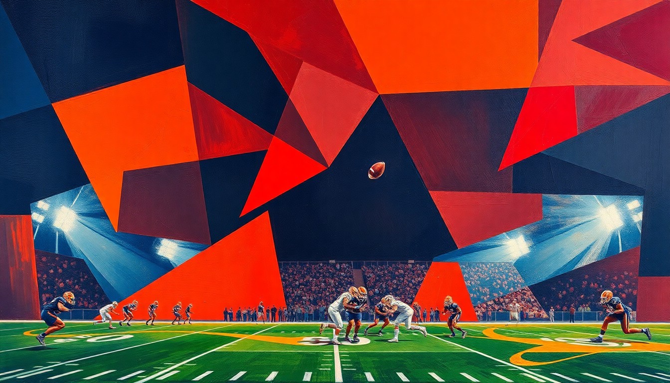 A cubist, geometric painting depicting the action and energy of a high school football game, with sharp, overlapping planes of deep red, burnt orange, and navy blue.
